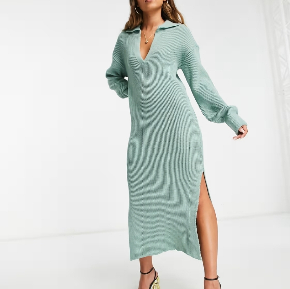 Ribbed Knit Midi Dress with Side Slit - Sage Green